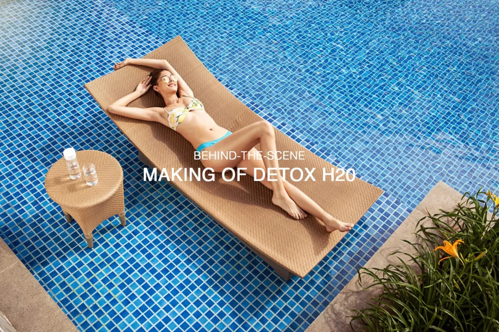 Behind-the-scenes cover of Detox H2O ad by ad film maker for Detox H2O brand, poolside summer shoot.